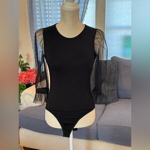 Marcella Black Sheer Mesh Sleeve Bodysuit – Size S
